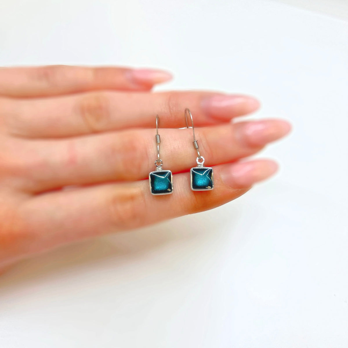 Dark Turquoise Blue Square Drop Earrings | Watch This Space
