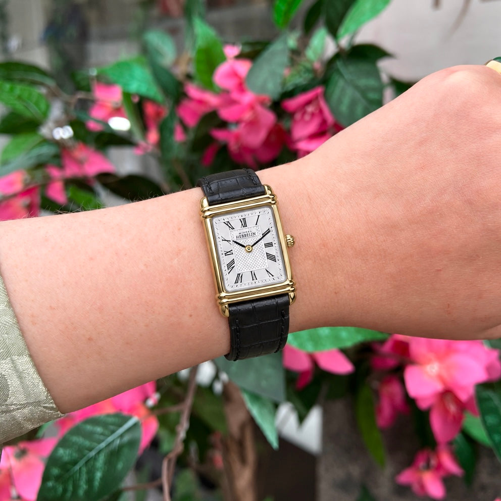 Herbelin | Art Deco Gold Steel Square Watch with Black Leather Strap | Ladies