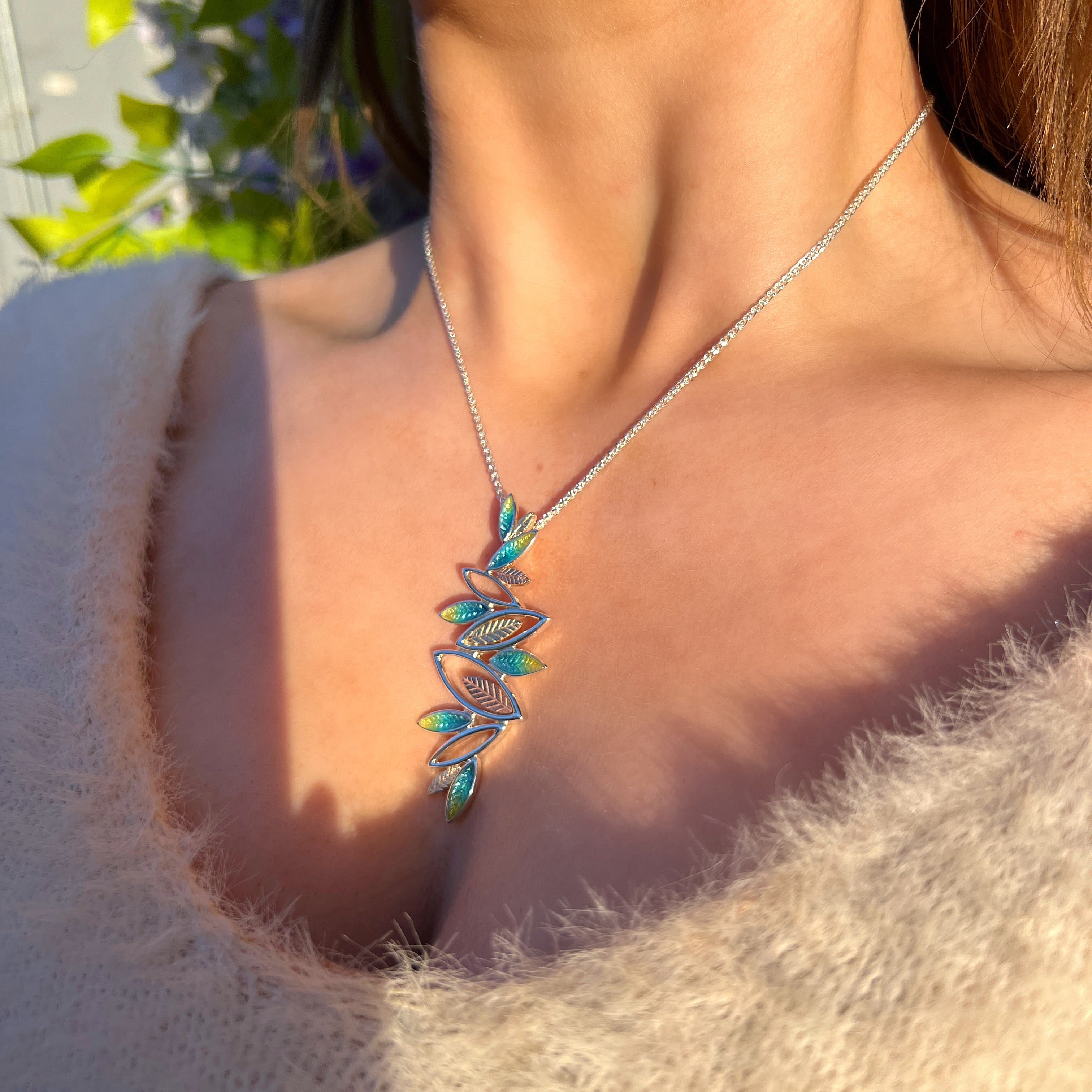 Blue & Green Enamel Leaf Sterling Silver Necklace | Sheila Fleet