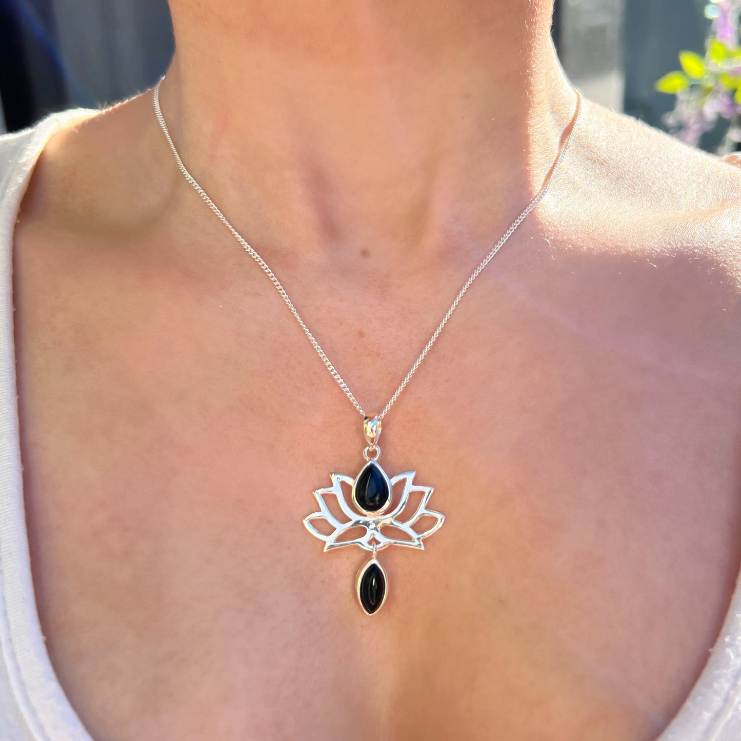 Sterling Silver Black Onyx Lotus Flower Necklace