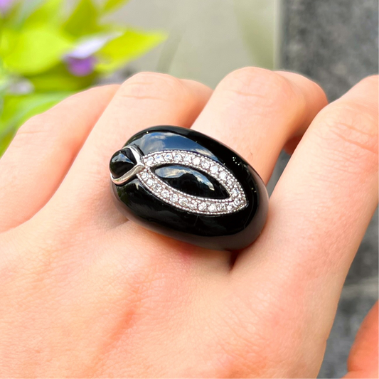 XXL Chunky Sterling Silver Black Onyx & Cubic Zirconia Design Ring - Size Q