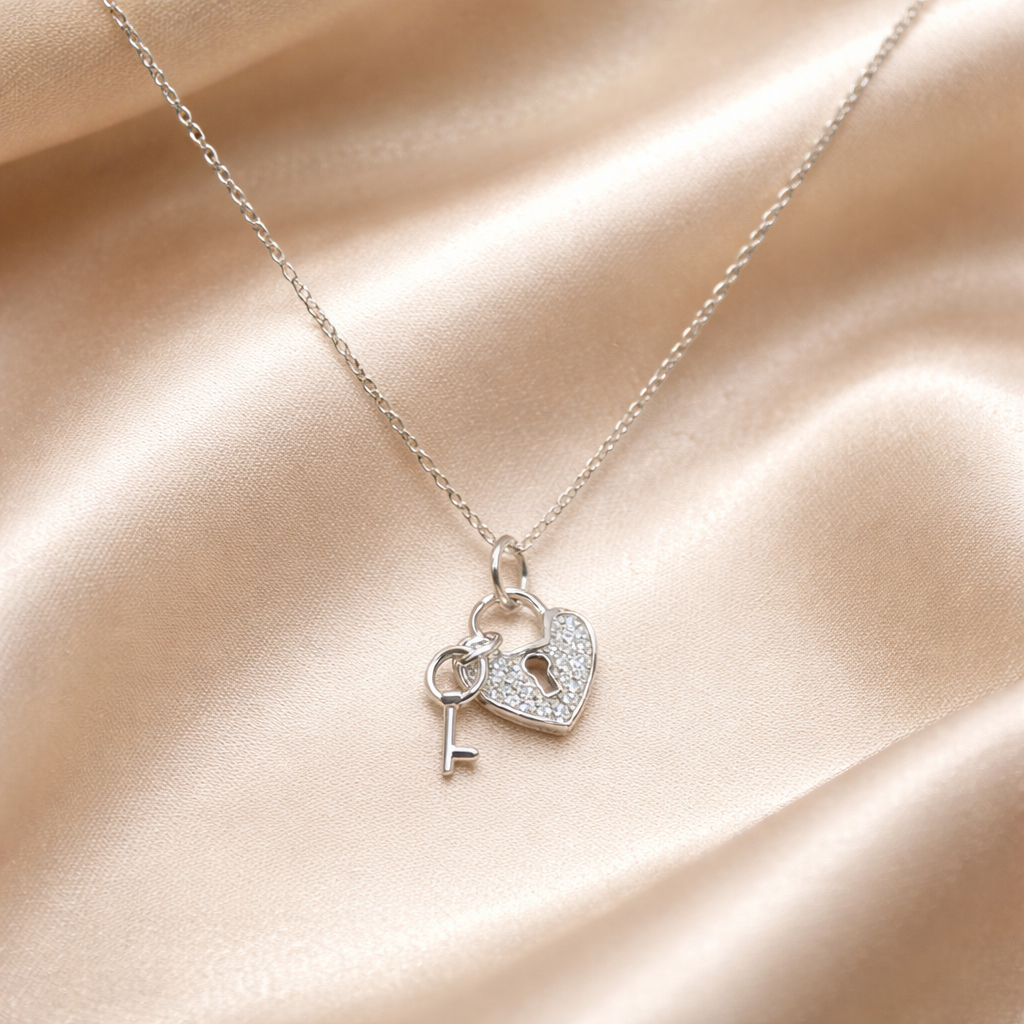 Cubic Zirconia Sterling Silver Heart Lock & Key Necklace