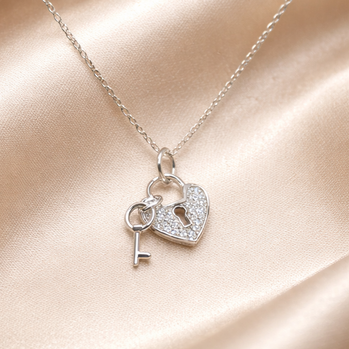 Cubic Zirconia Sterling Silver Heart Lock & Key Necklace