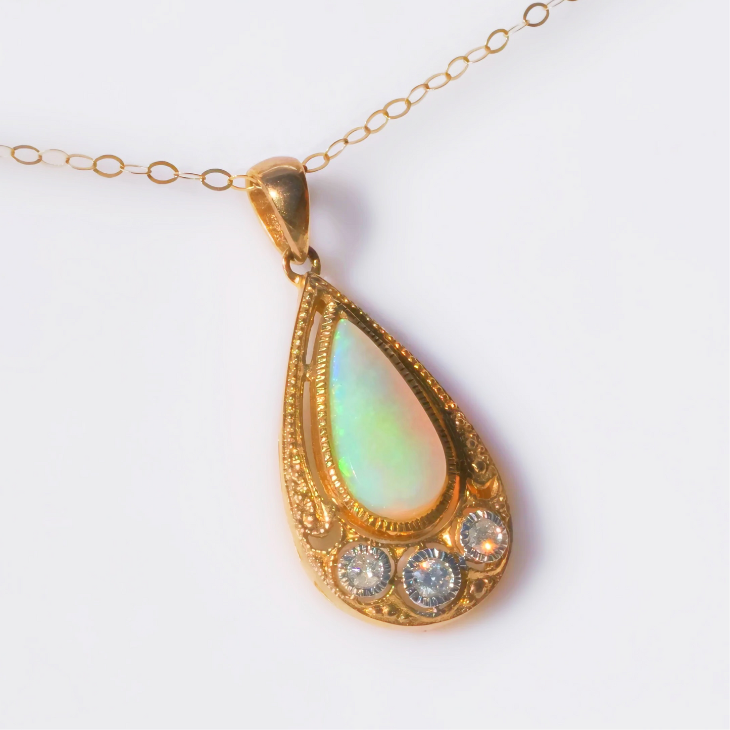 Intriguing Art Deco Inspired 9ct Yellow Gold Opal and Diamond Necklace