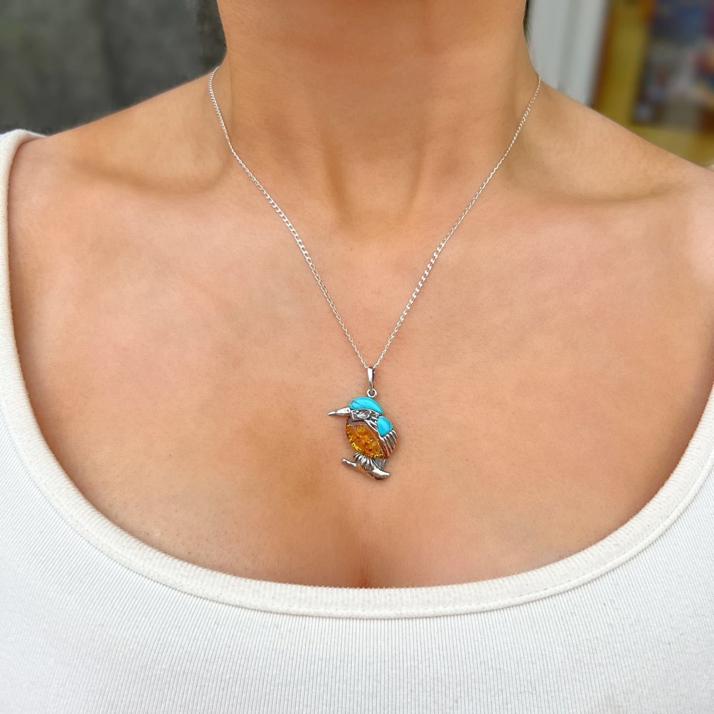 Sterling Silver Orange Amber & Blue Turquoise Bird Design Necklace