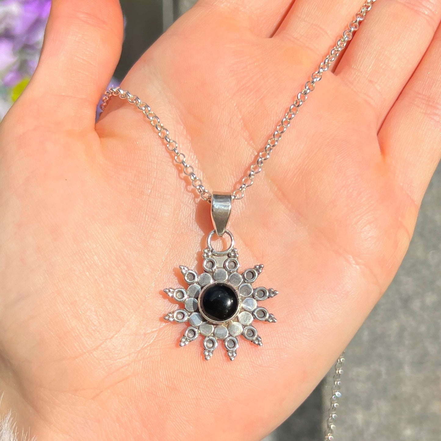 Sterling Silver Black Onyx Mandala Sun Necklace