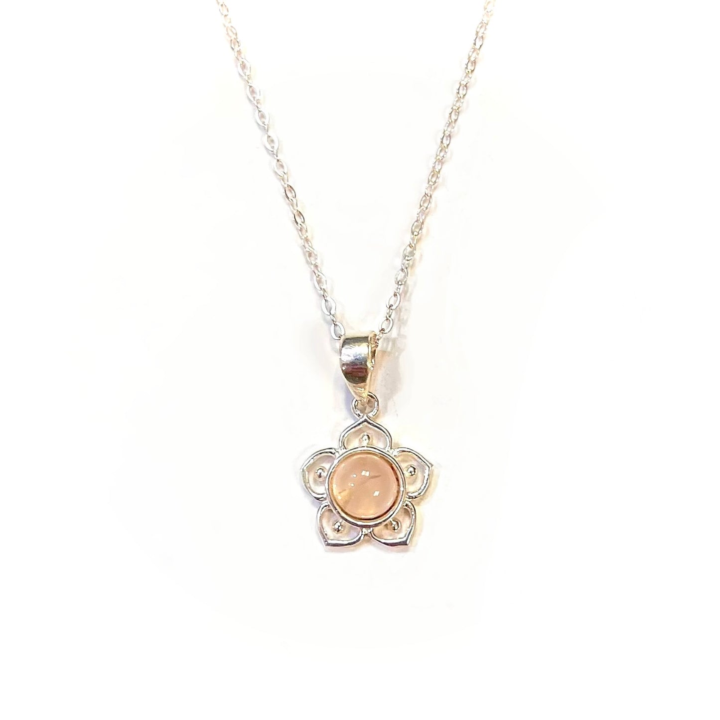 Pink Rose Quartz Sterling Silver Flower Necklace