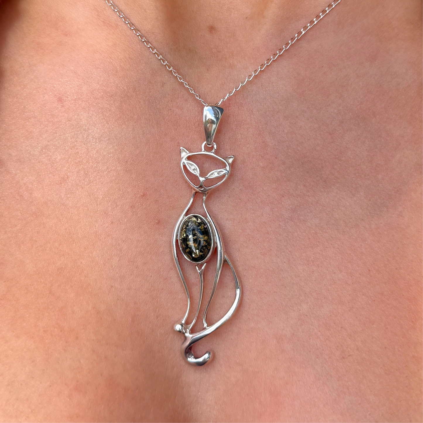 Green Amber Stylised Cat Sterling Silver Necklace