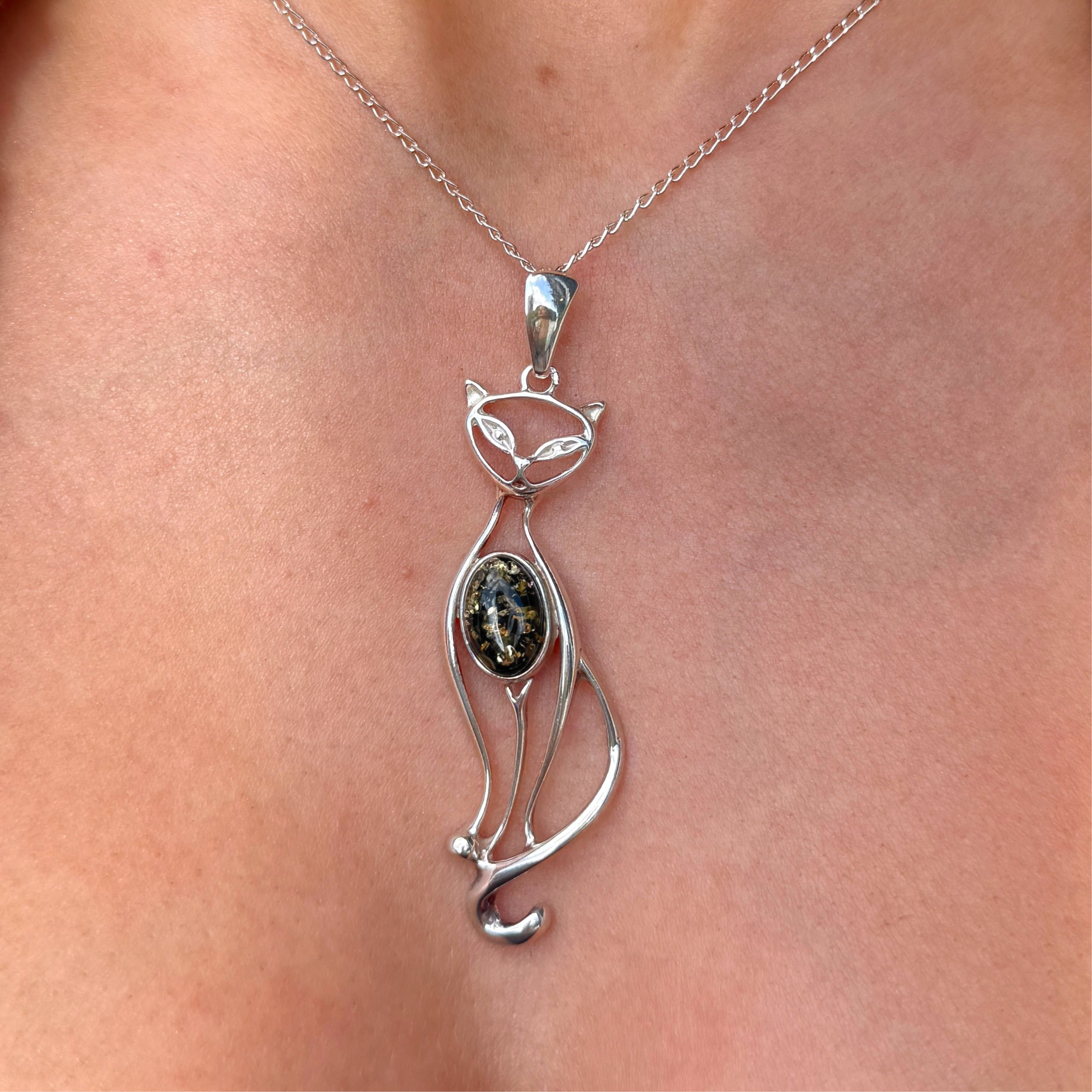 Green Amber Stylised Cat Sterling Silver Necklace