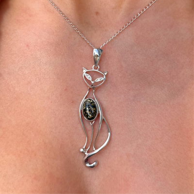 Green Amber Stylised Cat Sterling Silver Necklace
