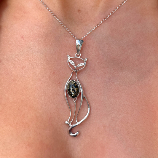 Green Amber Stylised Cat Sterling Silver Necklace