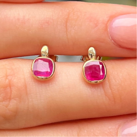 Dainty 9ct Yellow Gold Pink Ruby Square Stud Earrings