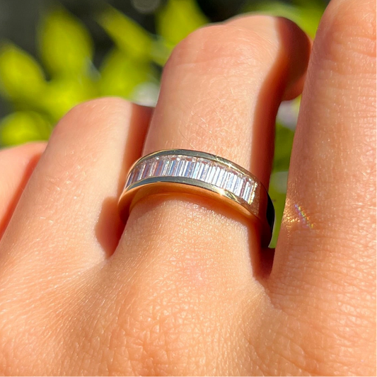 9ct Yellow Gold Baguette Cut Tension Set Cubic Zirconia Band Ring - Size N ½