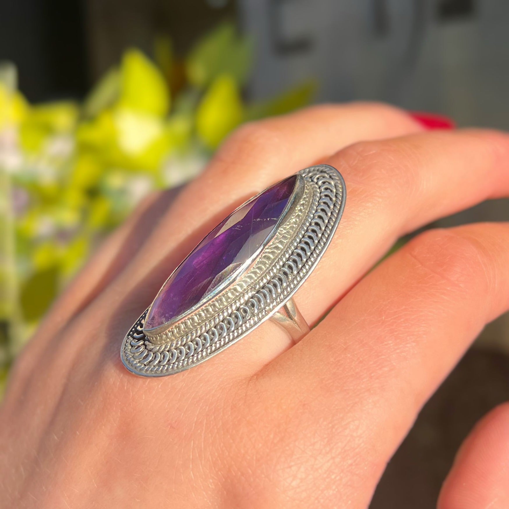 Checkerboard Cut Marquise Amethyst Sterling Silver Ring | Size R ½