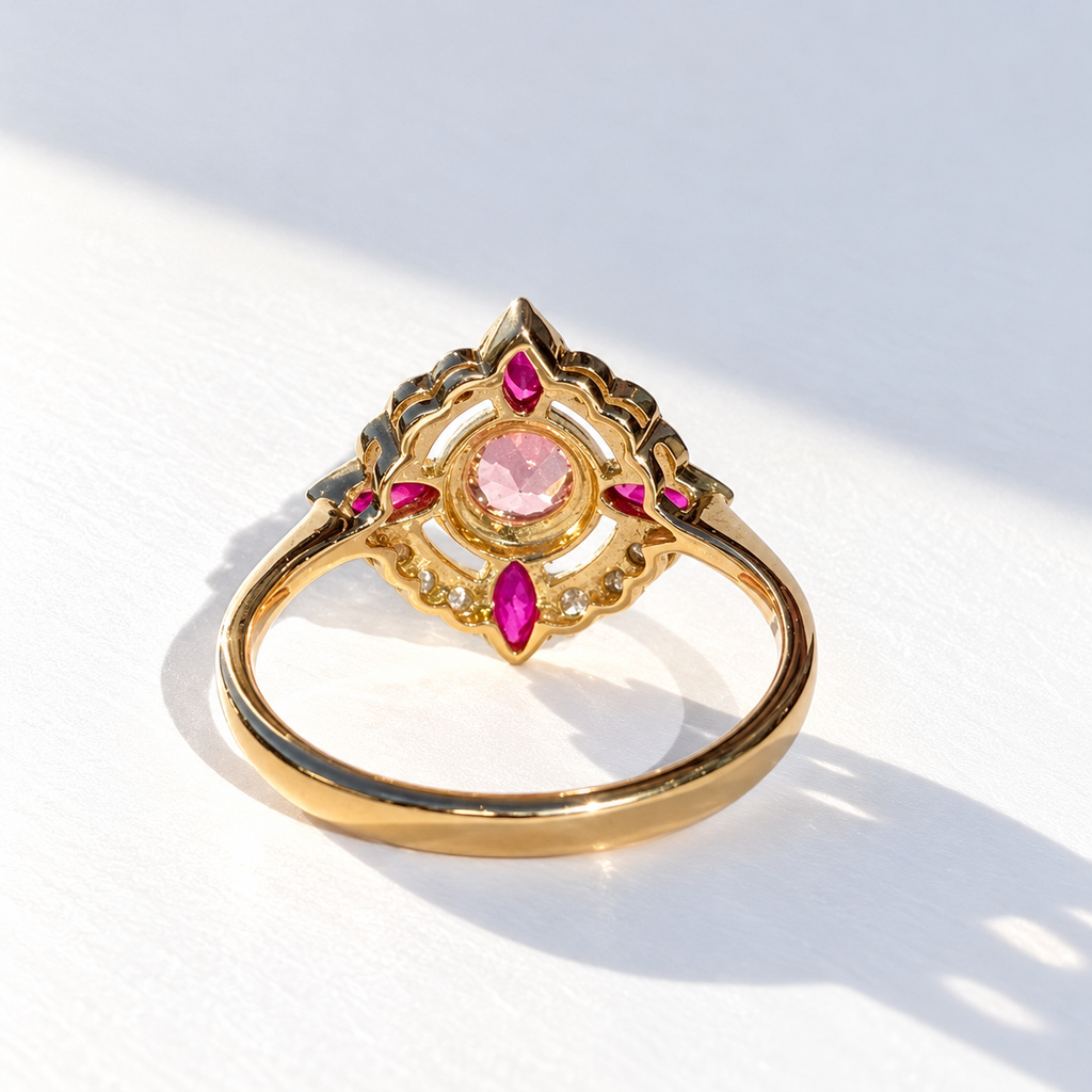 Edwardian Reproduction Pink Tourmaline, Ruby and Diamond 9ct Yellow Gold Ring | Size O