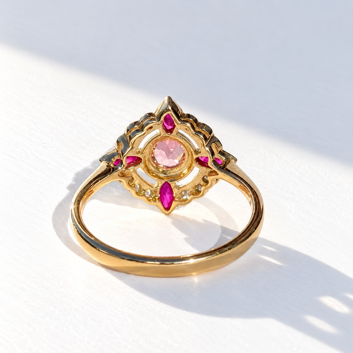 Edwardian Reproduction Pink Tourmaline, Ruby and Diamond 9ct Yellow Gold Ring | Size O