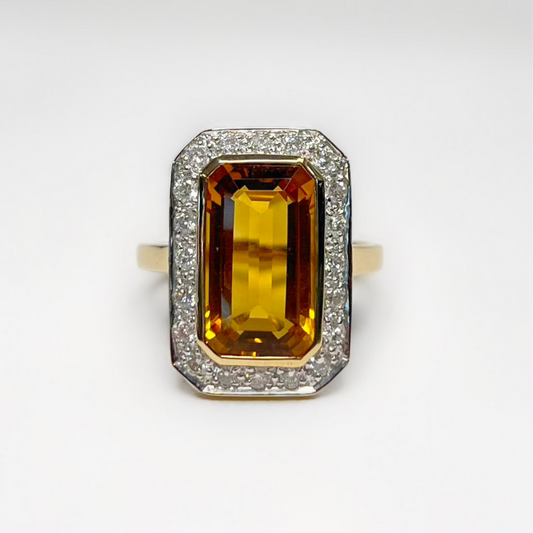 Art Deco Inspired 9ct Yellow Gold Madeira Citrine and Diamond Halo Cocktail Ring - Size N 1/2