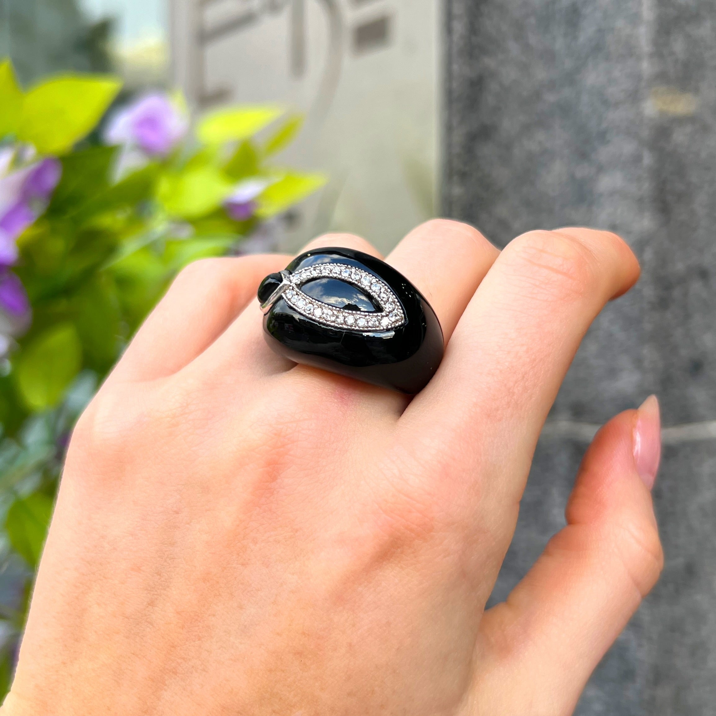 Onyx & Cubic Zirconia Sterling Silver Chunky Design Ring | Size Q
