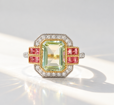 Art Deco Inspired Green Amethyst and Pink Tourmaline 9ct Yellow Gold Ring