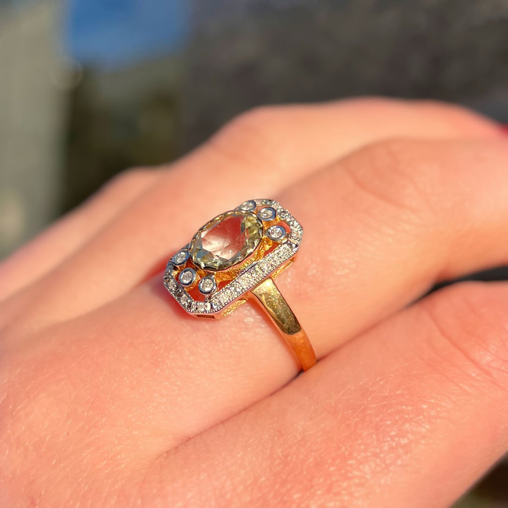 Art Deco Inspired Green Amethyst and Diamond 9ct Yellow Gold Ring | Size M