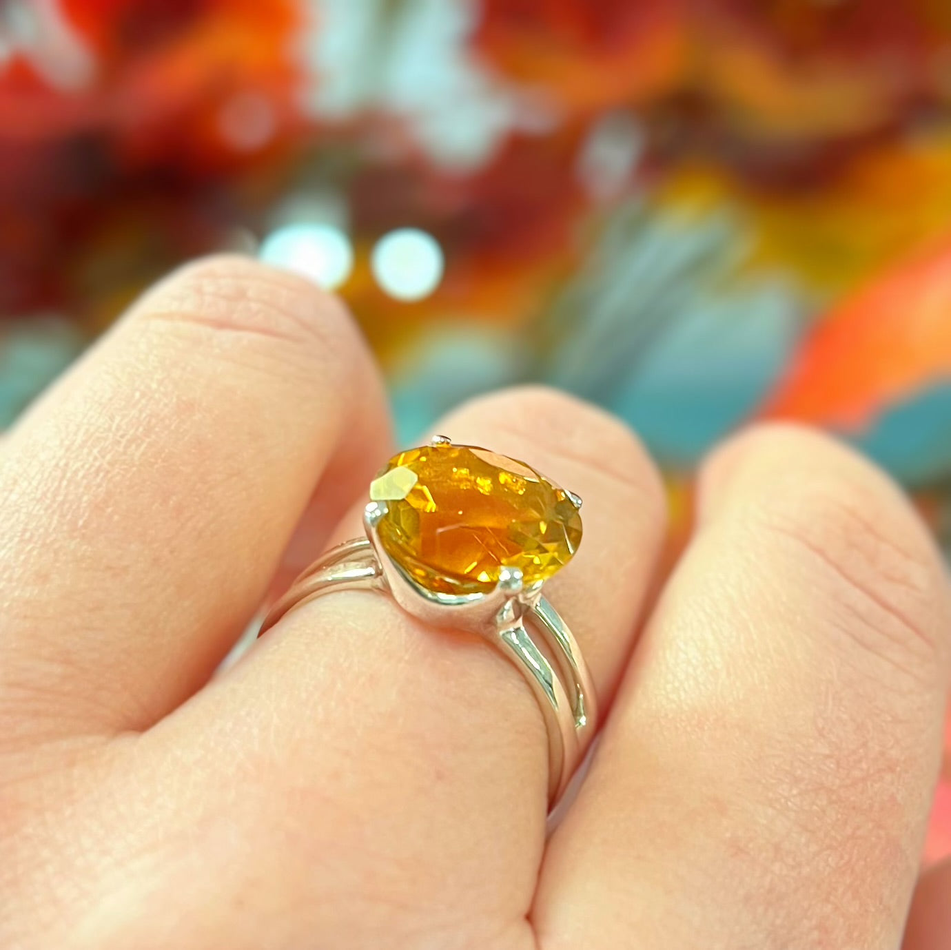 Incredible Sterling Silver Round Madeira Citrine Ring - Size M
