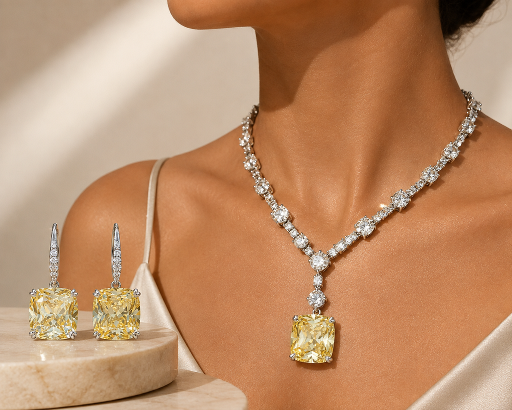 Lemon Yellow Square Cut Cubic Zirconia Sterling Silver Drop Earrings