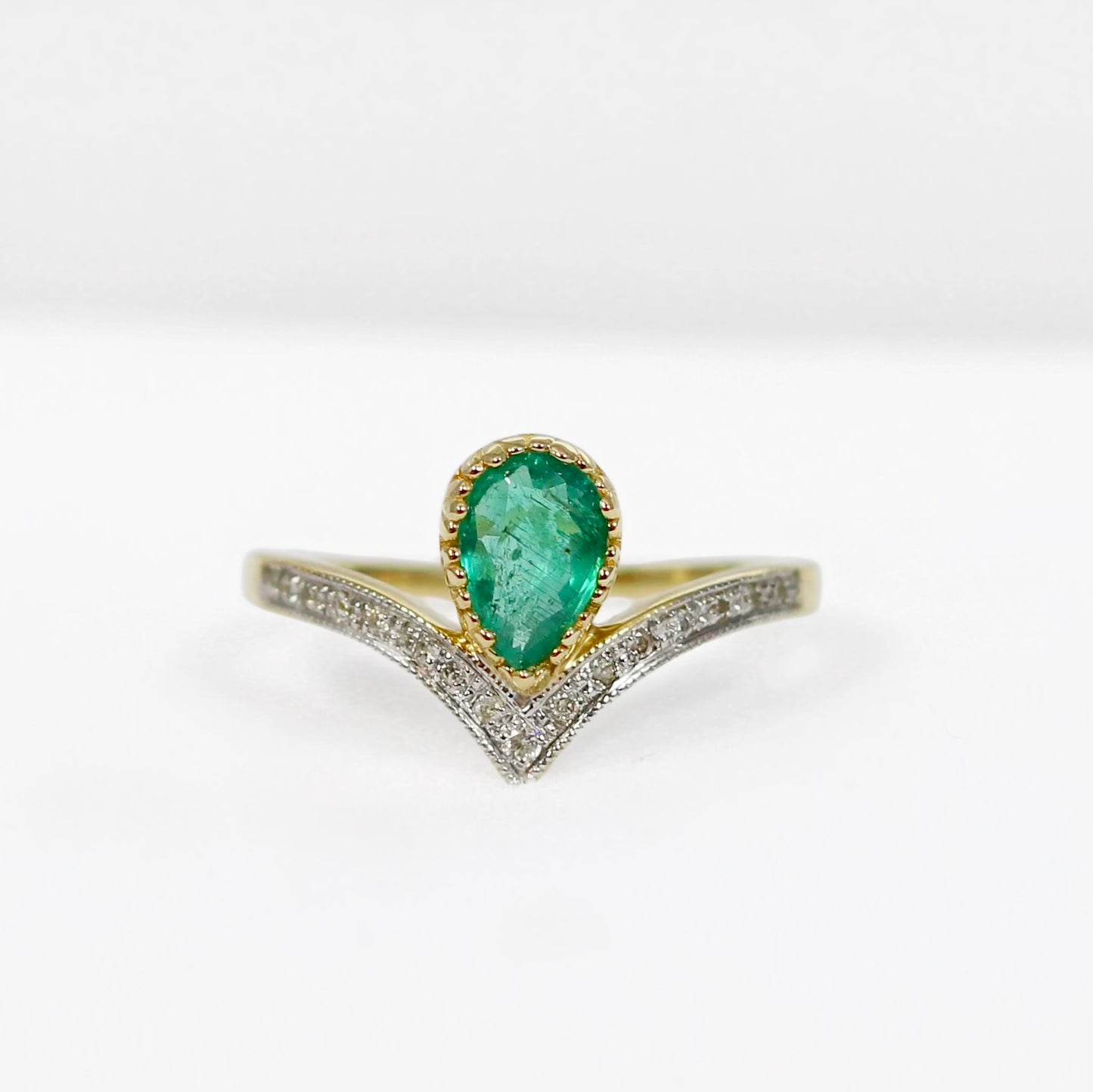 'Ariel' Ring - 9ct Yellow Gold Emerald and Diamond Wishbone Size N ½