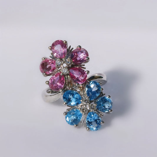 Artsy Vintage 18ct White Gold Pink Sapphire and Topaz Floral Cocktail Ring - Size L