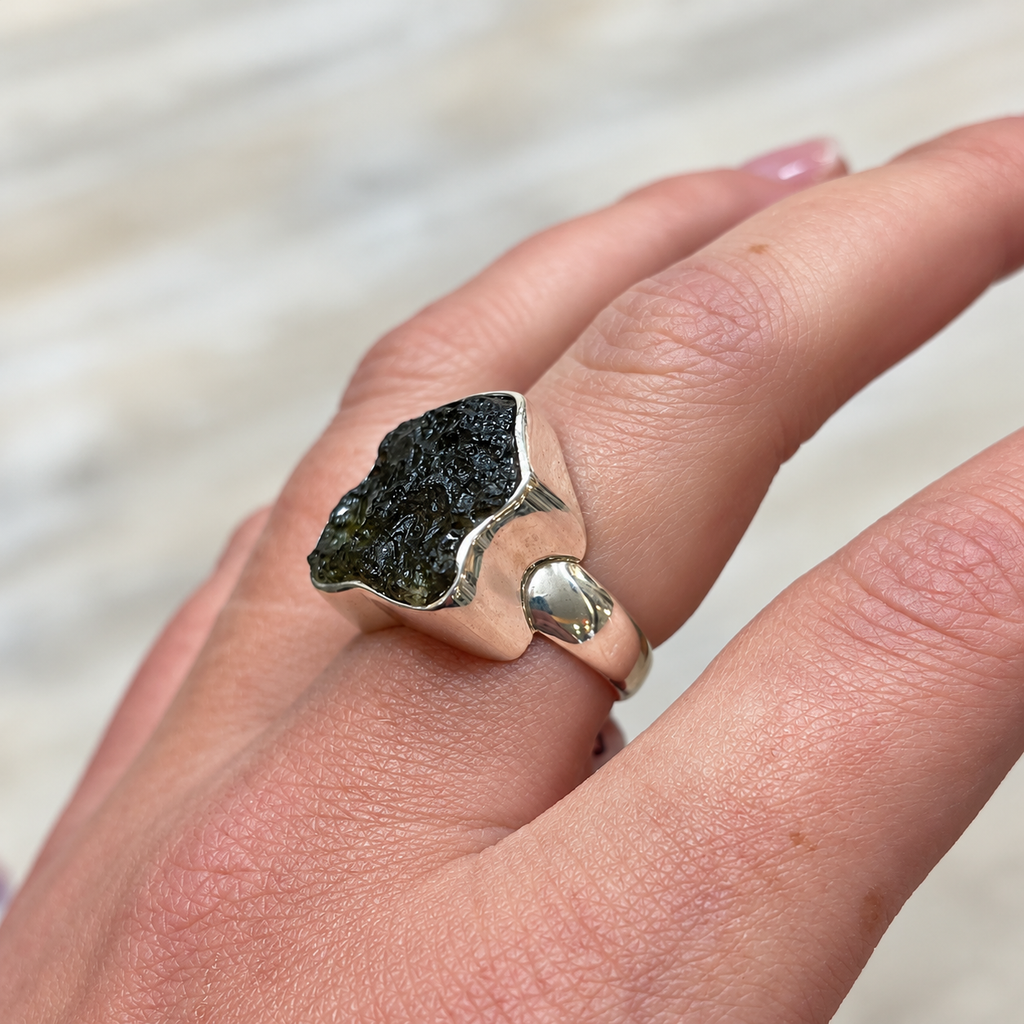 Rough Cut Green Moldavite Sterling Silver Ring | Size P