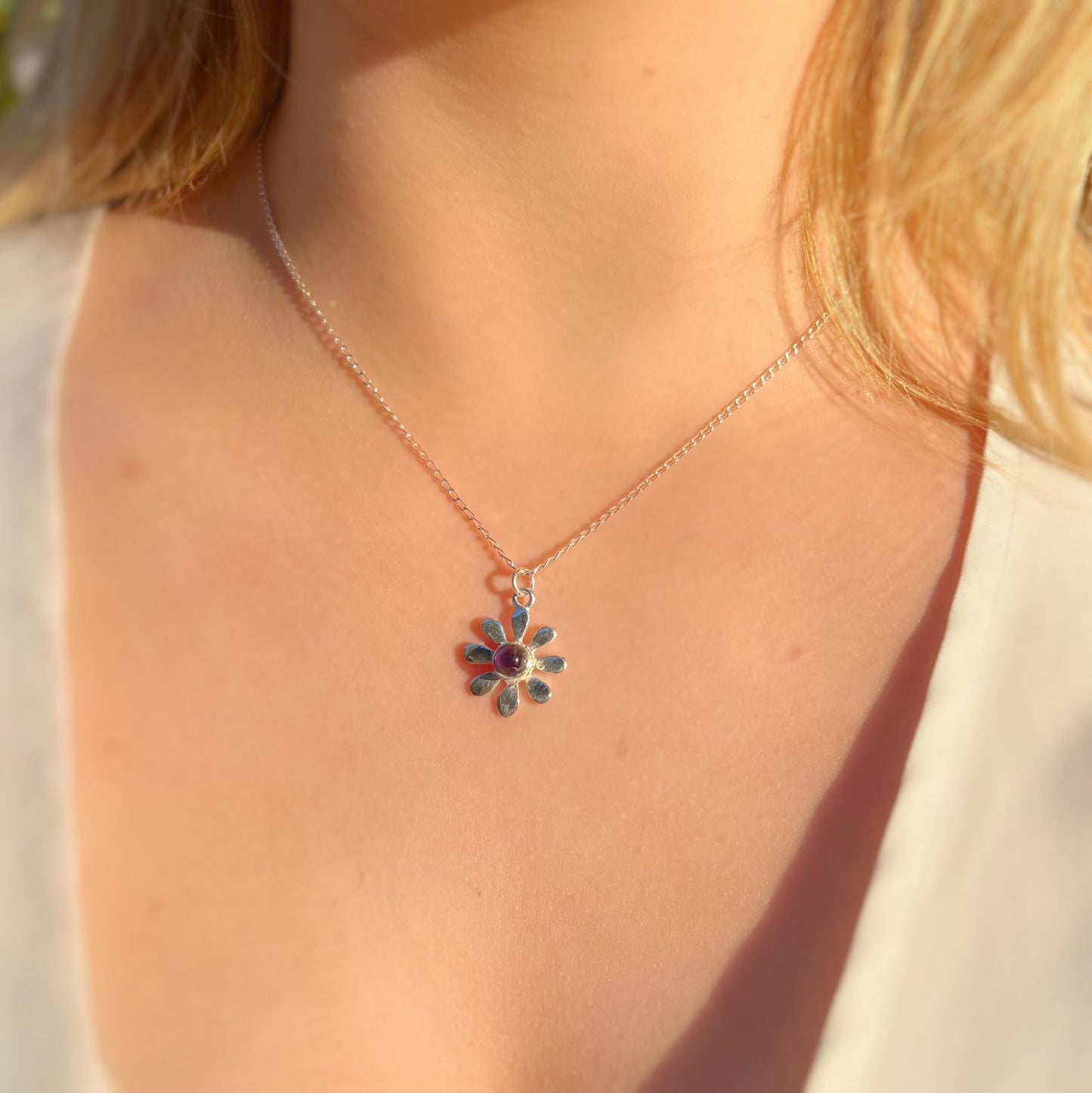 Sweet Sterling Silver Amethyst Flower Necklace