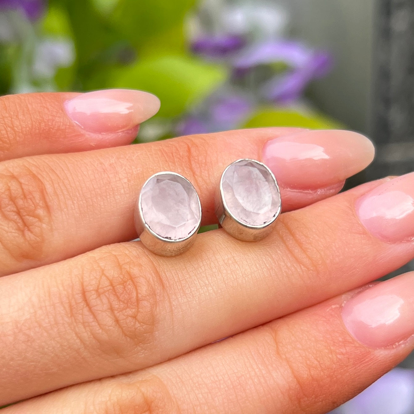 Sterling Silver Pink Rose Quartz Oval Faceted Stud Earrings