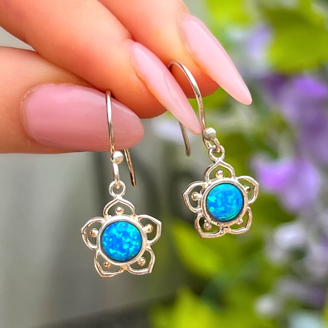 Sterling Silver Blue Opal Flower Design Drop Earrings