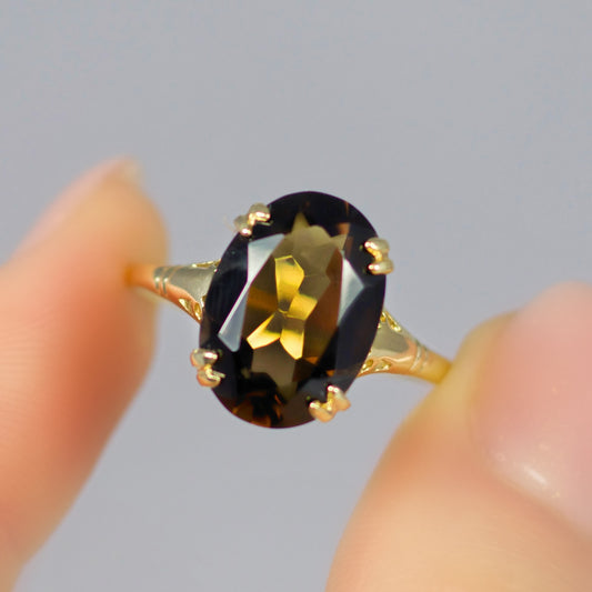 Vintage 9ct Yellow Gold Smoky Topaz Cocktail Ring - Size S