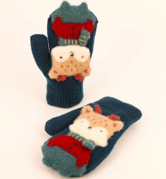 ‘Powder Accessories’ Kids Cosy Fur Lined Deer Knitted Mittens - Navy