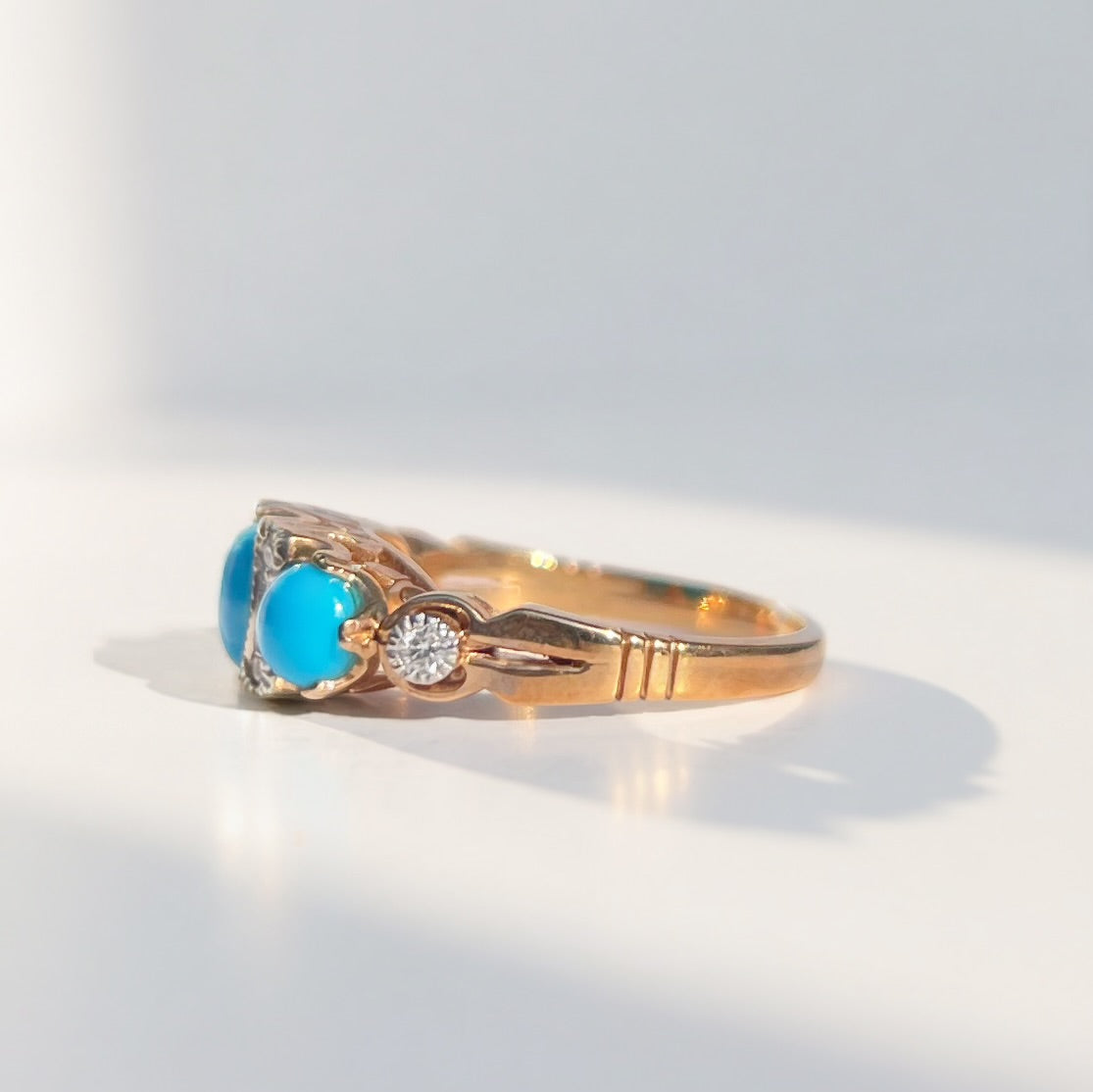 Edwardian Reproduction 9ct Yellow Gold Turquoise and Diamond Ring - Size M ½