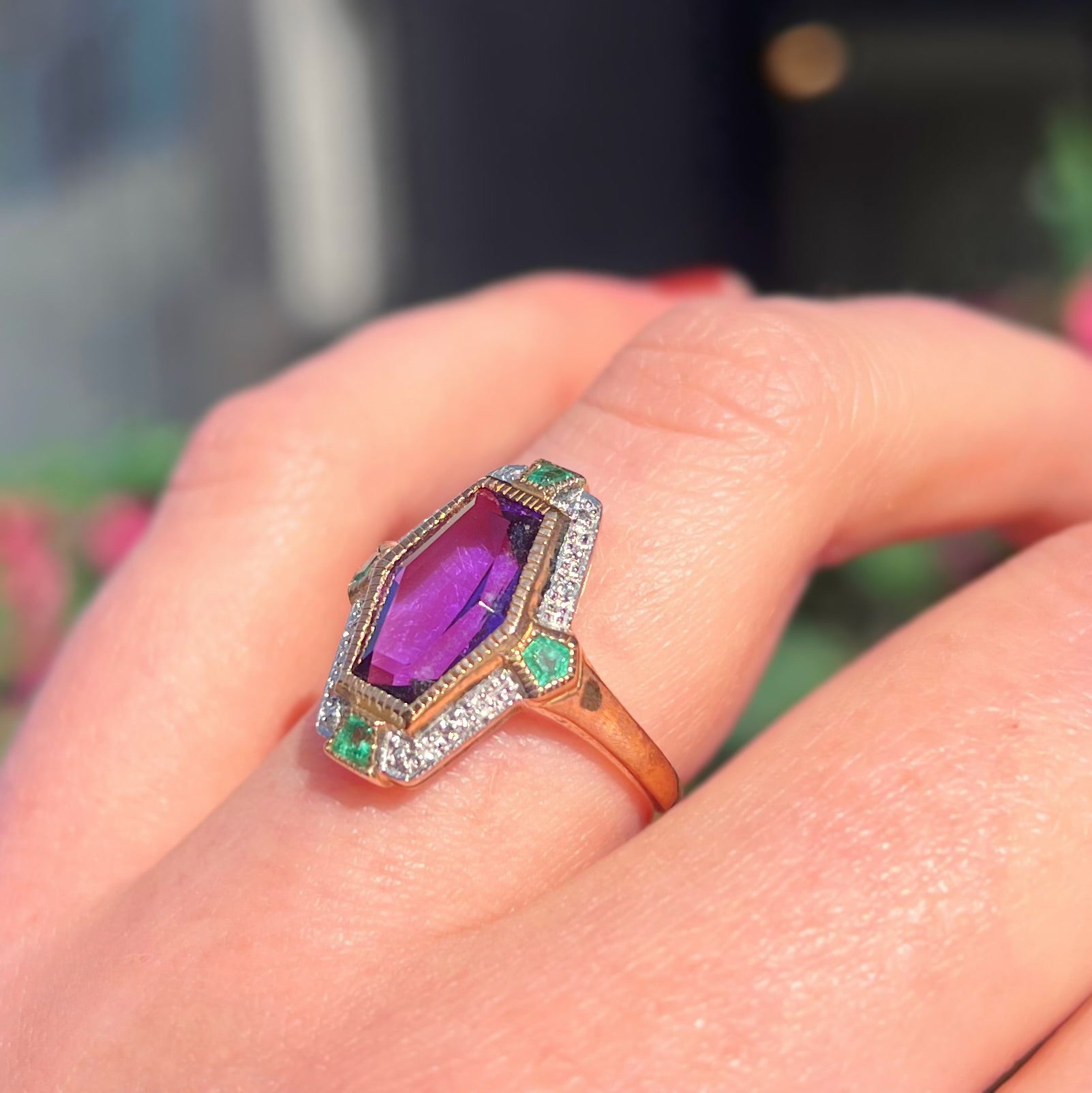 Art Deco Reproduction Amethyst Emerald and Diamond 9ct Yellow Gold Ring | Size N