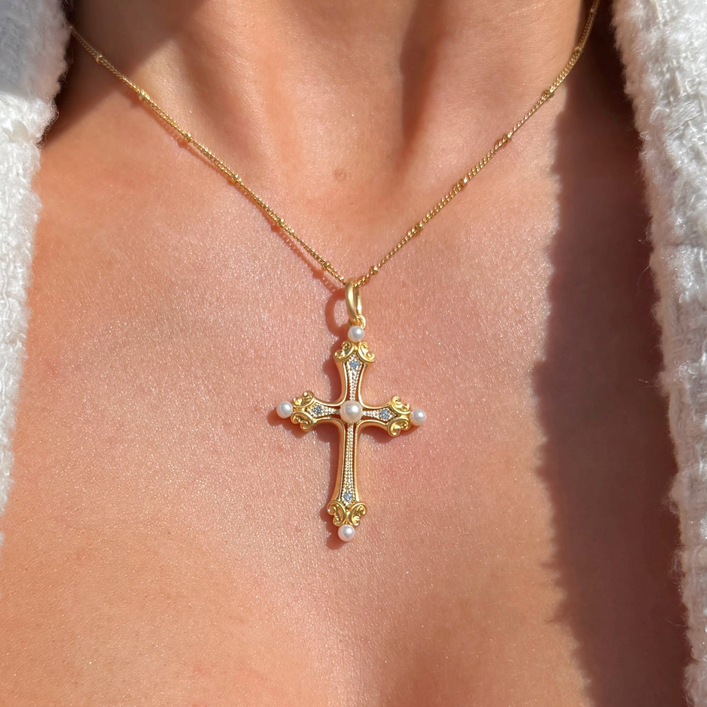 Freshwater Pearl & Cubic Zirconia 9ct Gold Plated Cross Necklace