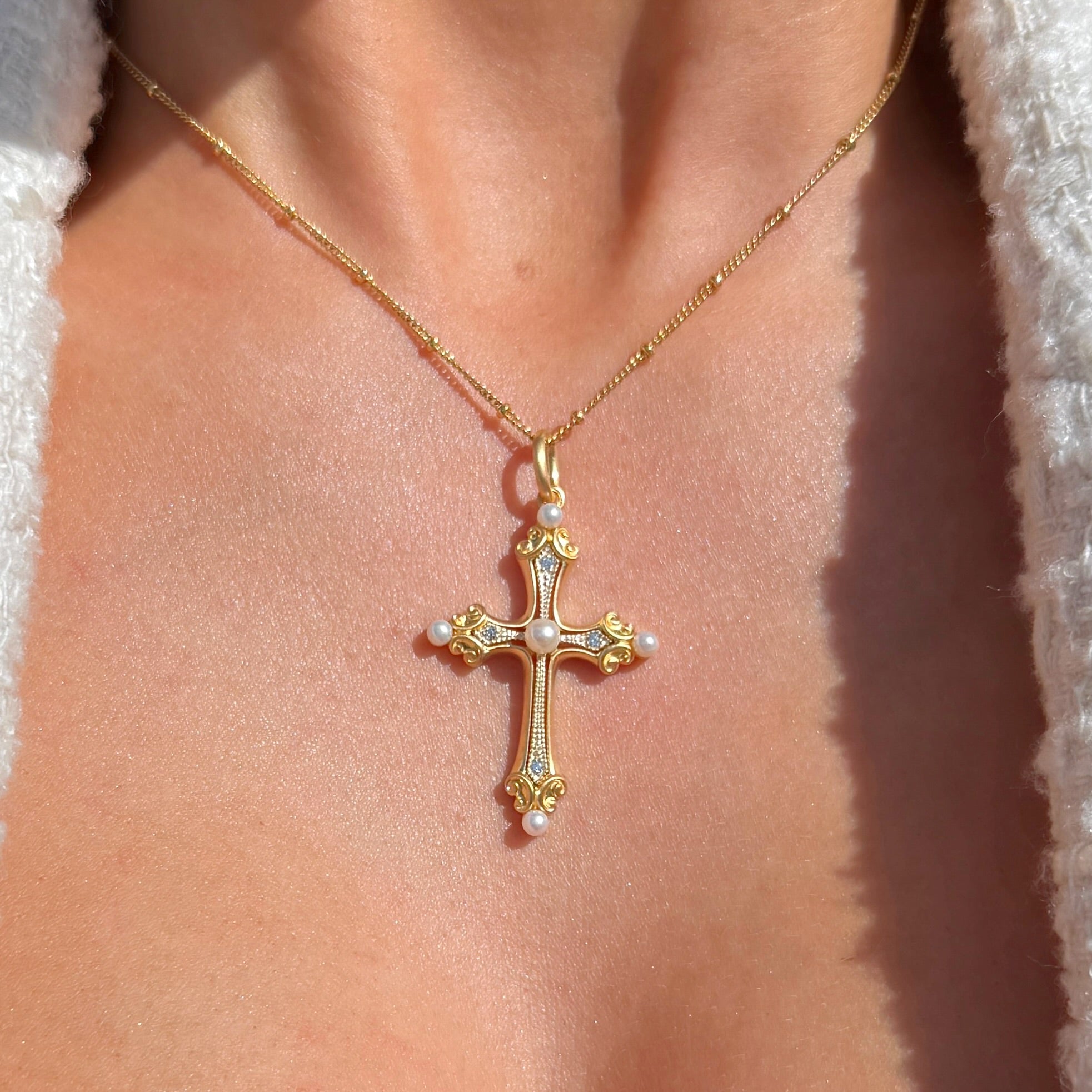 Freshwater Pearl & Cubic Zirconia 9ct Gold Plated Cross Necklace