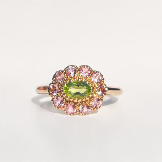 ‘Arabella’ Victorian Reproduction 9ct Yellow Gold Peridot and Pink Tourmaline Floral Inspired Ring - Size O