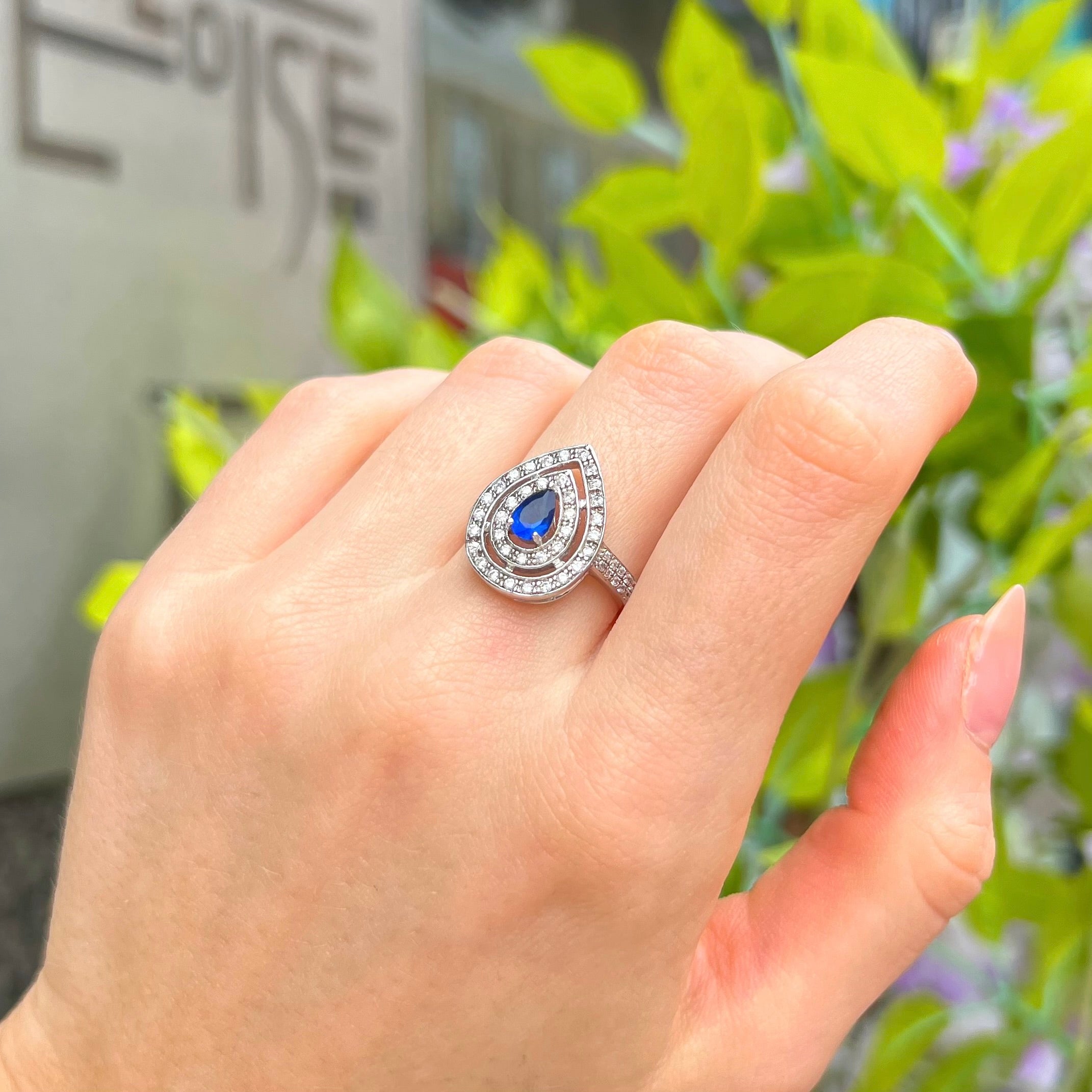 Blue Cubic Zirconia Sterling Silver Pear Shape Double Halo Ring | Size N
