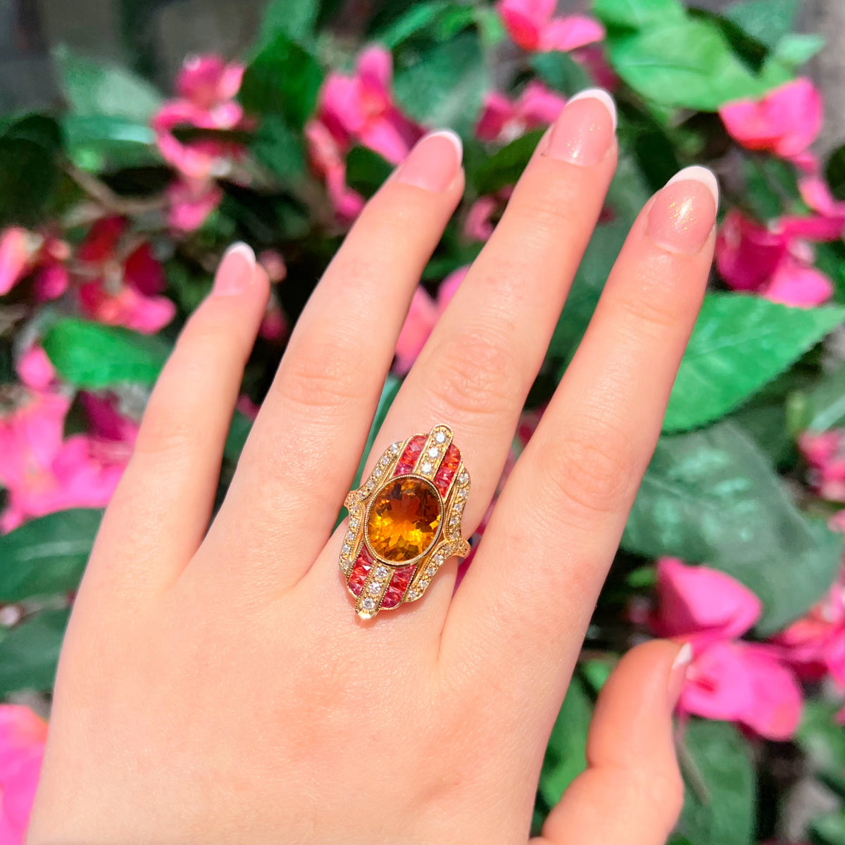 'The Soleil' Citrine, Orange Sapphire and Diamond 18ct Yellow Gold Cocktail Ring | Size M ½