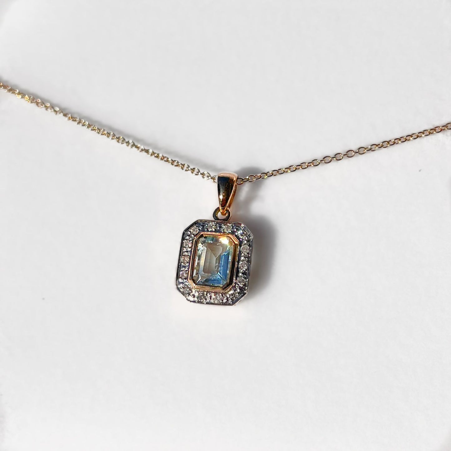 9ct Yellow Gold Aquamarine and Diamond Dainty Art Deco Inspired Necklace