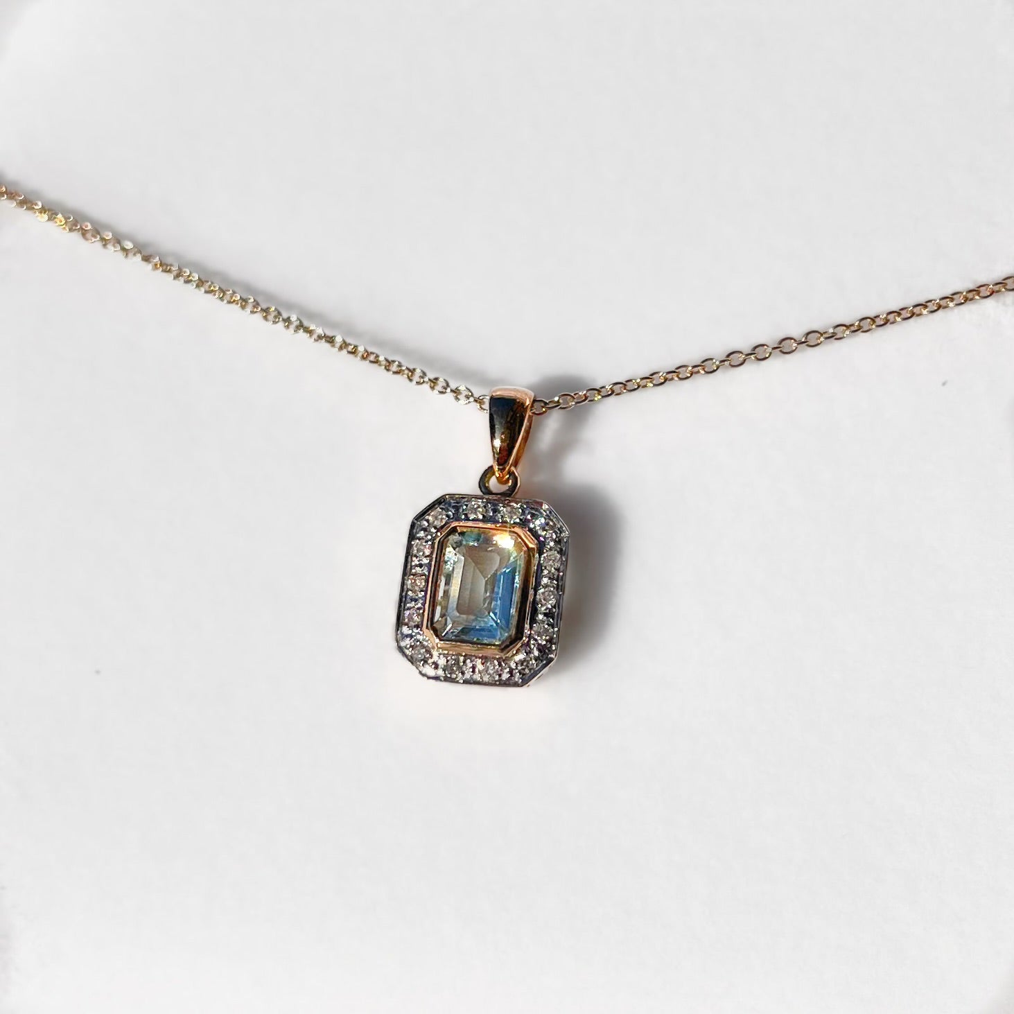 Aquamarine and Diamond Dainty Art Deco Inspired 9ct Yellow Gold Necklace