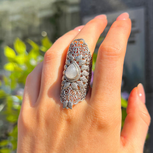 XL Chunky Sterling Silver Boho White Labradorite Ring - Size M