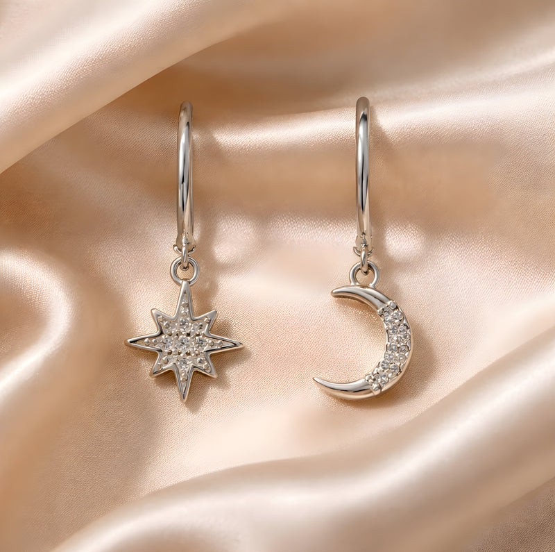Cubic Zirconia Sterling Silver Moon & Stars Drop Earrings
