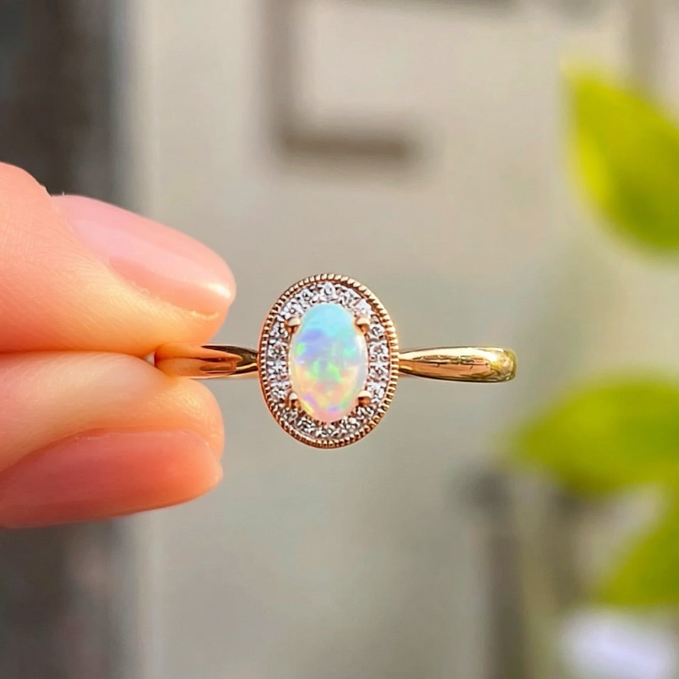 Oval Opal and Diamond 9ct Yellow Gold Halo Ring | Size O