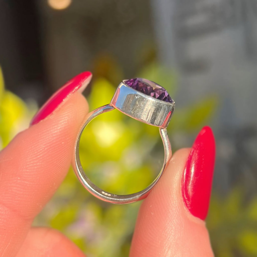 Plain Pear Shaped Faceted Amethyst Sterling Silver Ring | Size L ½