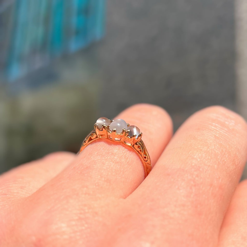 Antique Inspired Moonstone Dainty 9ct Yellow Gold Trilogy Ring | Size M