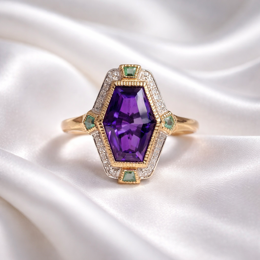 Art Deco Inspired 9ct Yellow Gold Amethyst Emerald and Diamond Ring- Size N