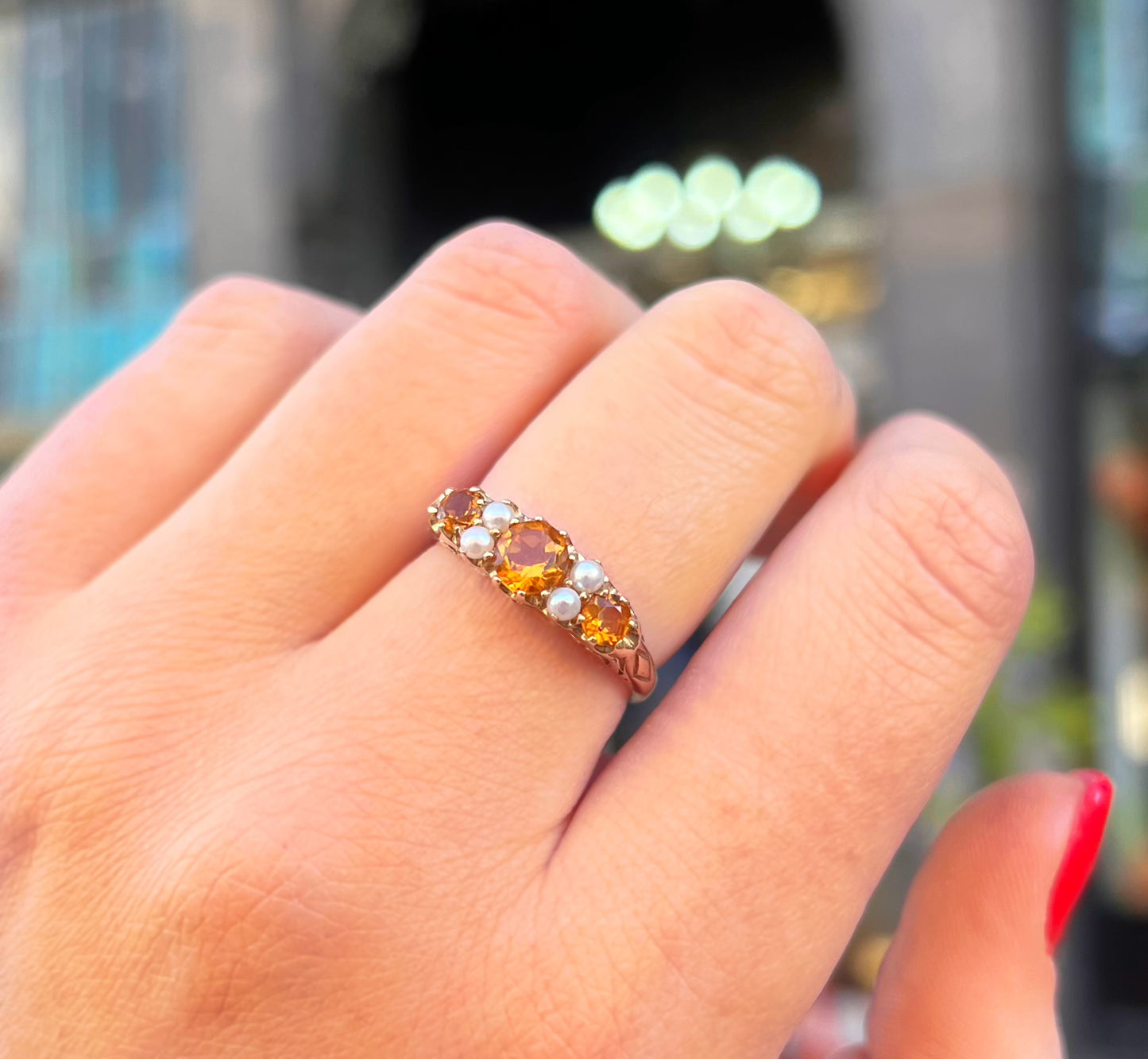 Edwardian Inspired Ornate 9ct Yellow Gold Citrine and Pearl Ring - SIZE O